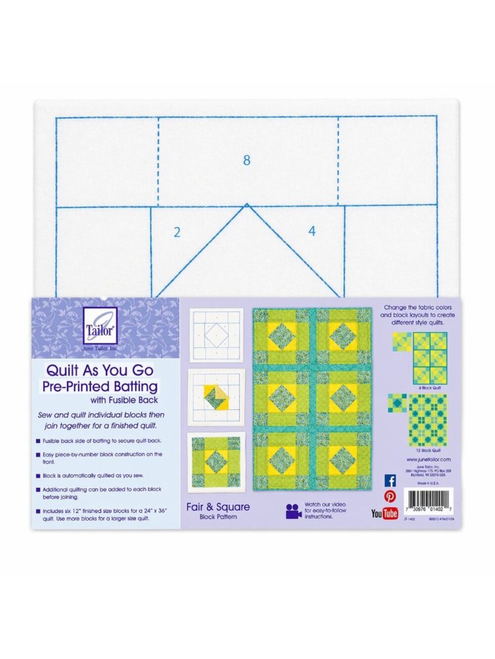 June Tailor Quilt As You Go Batting Fair Square 12 Inch Blocks Pre Printed Quilt